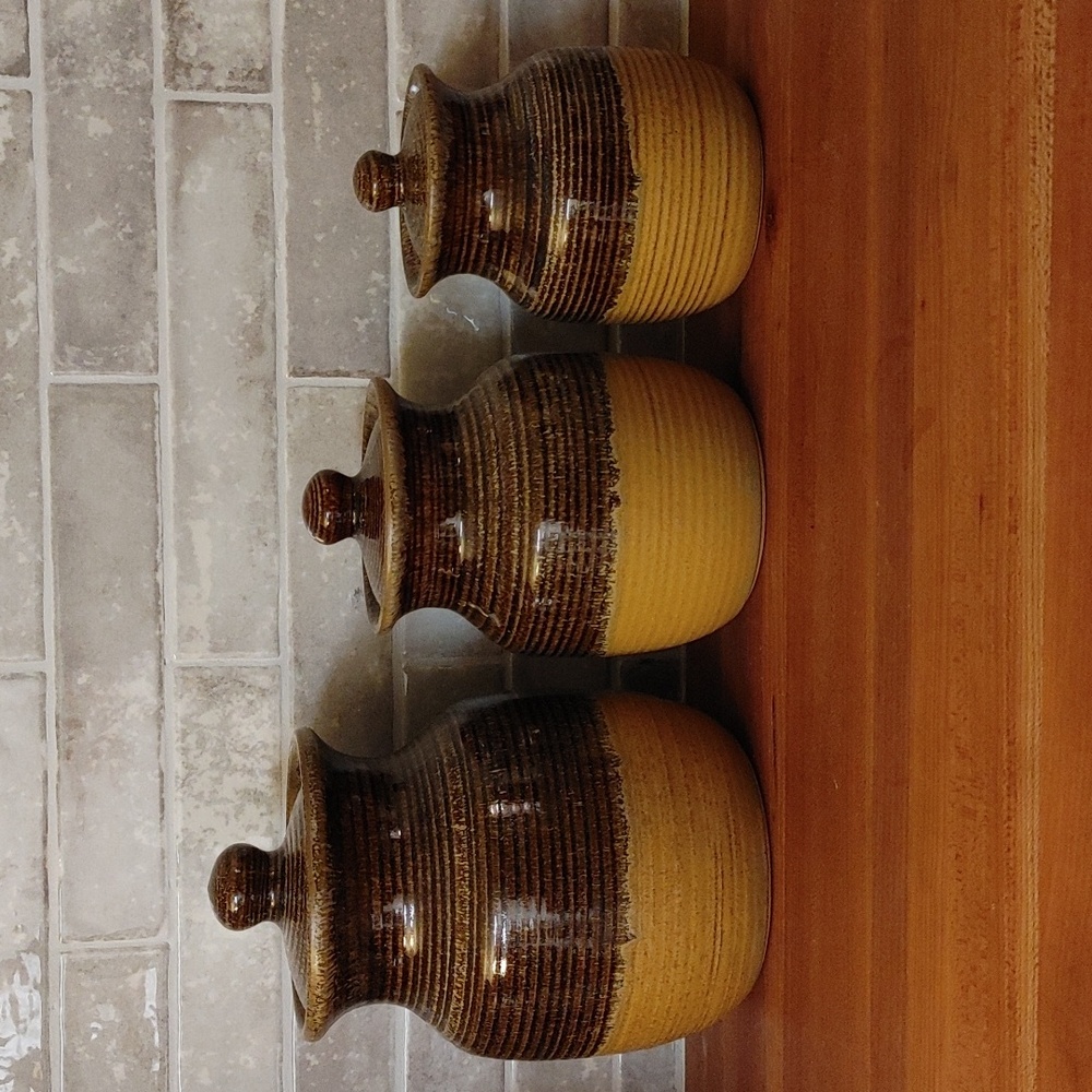 Vintage Ceramic Canisters with Lids Brown & Tan